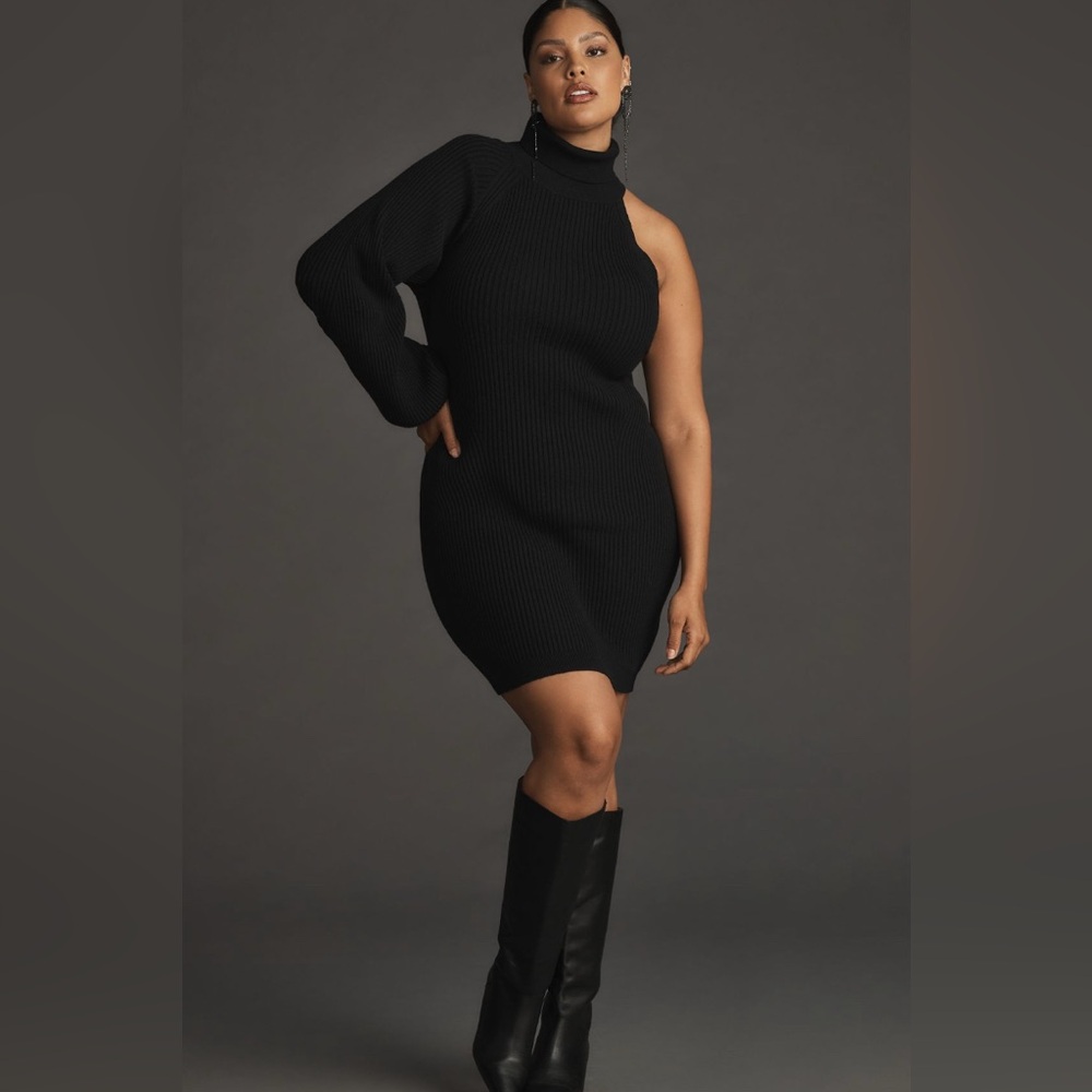 NWT Anthropologie Asymmetrical Slim Sweater Mini Dress — Black — LP